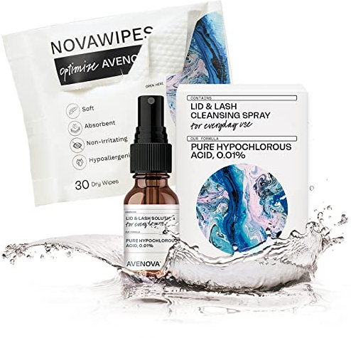 Avenova Eyelid and Eyelash Cleanser Spray with 30 Dry Wipes - Gentle Everyday Hypochlorous Acid Lid and Lash Cleansing Spray for Clearer and Healthier Eyes, 20mL