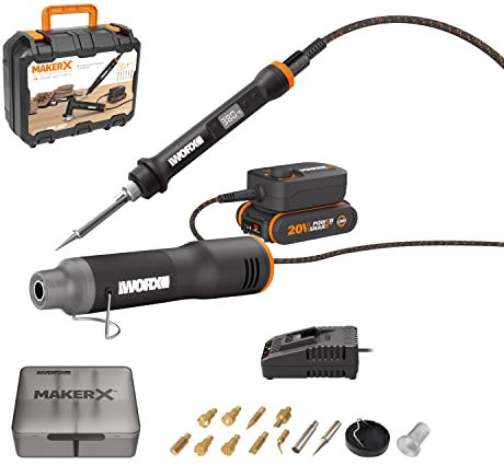 Worx 20V MakerX 2-Tools Combo kit WX989, Mini Heat Gun + Wood/Metal Crafter, PowerShare, 1 * 2.0Ah Battery w/Indicator, 1 * 2Ah Charger, 1*Hub