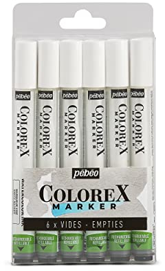 PEBEO - Rotulador Vacío Recargable Colorex - Compatible 56 Colores Multiusos Punta Pincel - Multiherramienta Tinta de Dibujo Todos los Medios - Set de 6 Rotuladores Vacíos