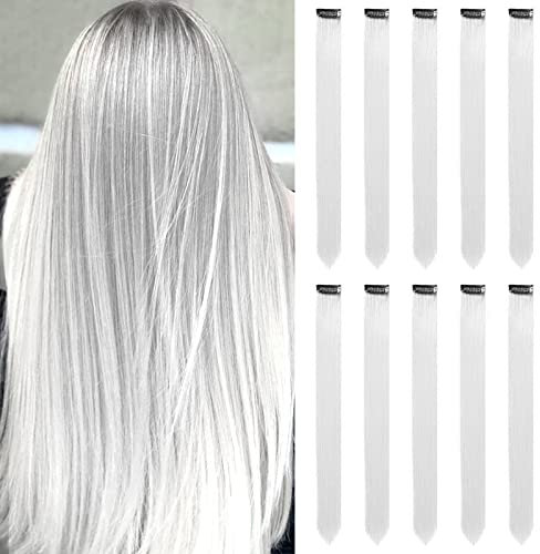 Weiße Haarverlängerungen Clip In für Mädchen 22 Zoll bunte gerade Haarverlängerungen für Party Highlights gefärbtes Haar Zubehör Haarteile für Kinder Frauen(10 PCS Weiße)