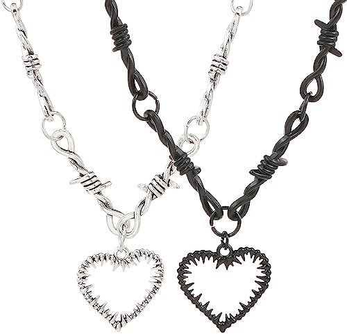 Weenkeey 2 Stück Gothic Herz Halskette Stacheldraht Herz Anhänger Halskette Punk Rock Hip Hop Anhänger Halskette für Männer Damen - Schwarz Silber