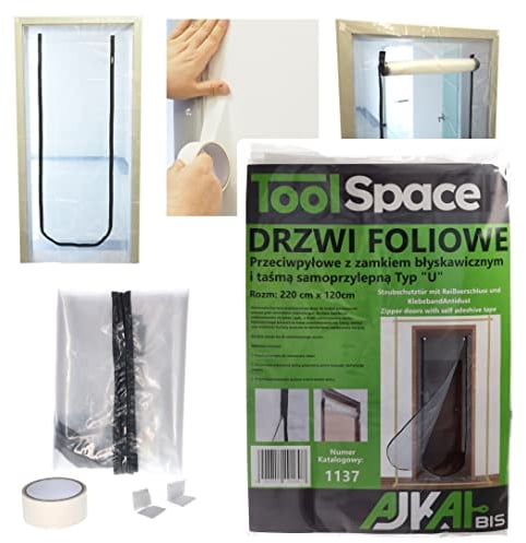 ToolSpace 1 x Dust Protection Door with Zip 220 x 120 cm Dust Protection Doors Includes Adhesive Tape - Film Door Construction Door Dust Protection Wall Cover Film Dust Door Protects Against Dust Dirt