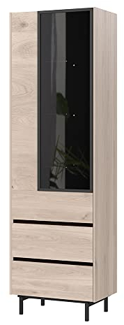 Lomadox Vitrine in Eiche Nb. mit schwarz, Tür mit Rauchglaseinsatz, B/H/T ca. 63/206/40 cm