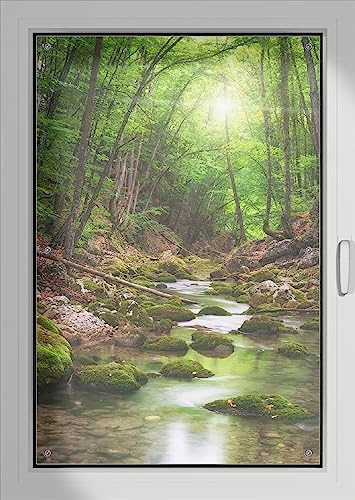 Wallario Lichtschutzbild, Dekorativer Sichtschutz Sonnenschutz 76 x 115 cm mit Motiv: Fluss im Wald - Verdunklungsrollo ohne Bohren