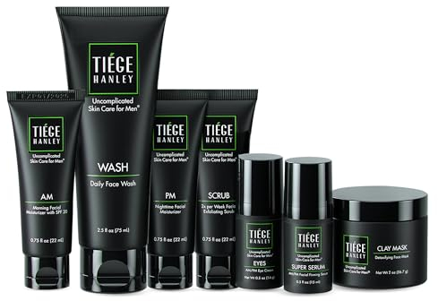 Tiege Hanley Revitalisierungs-Hautpflegeroutine für Männer (Systemstufe 4) - Hautpflegeset für feine Linien Enthält Gesichtswäsche, Peeling, Feuchtigkeitscreme, Augencreme, Gesichtsserum, Tonmaske