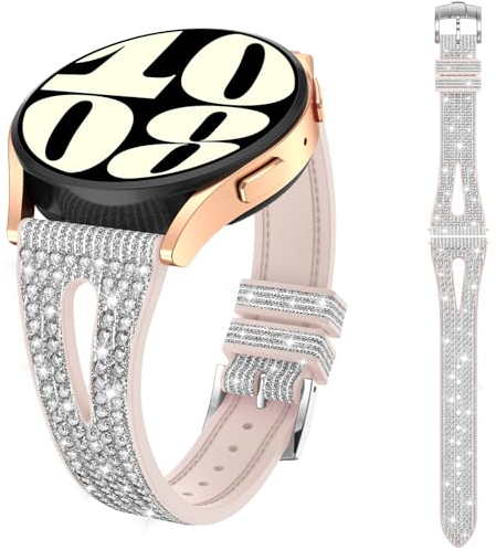 Kamita Glitzerarmband für Samsung Galaxy Watch 7 6 5 4, 20mm Silikon Diamant Ersatzarmbänder für Galaxy Watch 6 Classic/FE 2024/5 Pro, Strass Uhrenarmbänder für Damen und Mädchen (Silber)