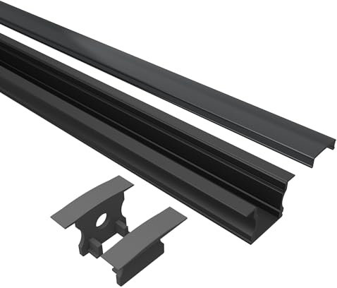 Tivendis Led Alu Profil 2 m EH Komplett Set für Strip/Streifen bis 12 mm breit | Abdeckung schwarz, Endkappen | Einbau Fußleisten Flachprofil eloxiert