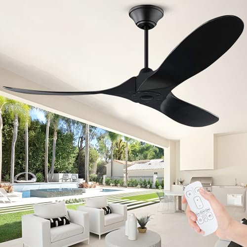 Ventilador De Techo Grande De 178 Cm Con Mando A Distancia, Ventilador De Techo De Madera Moderno Negro Sin Luz, De HéLice Grande De Flujo De Aire Para Interiores Y Exteriores