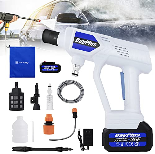 Mobiler Hochdruckreiniger Akku, Wasserpistole Elektrisch Druckreiniger 3-stufig Einstellbarem Druck mit 2X Batterie und Ladegerät, für Auto, Haus, Terrasse, Garten, Teppichreinigung