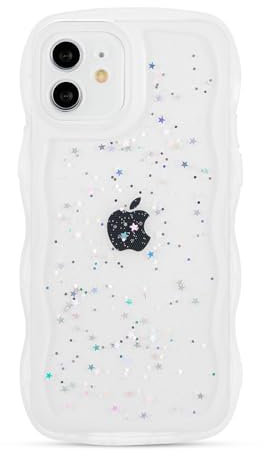 ZTOFERA Wavy Case for iPhone 12 (6.1), Cute Girls Clear Curly Wave Frame Shape Bling Sparkle Star Glitters Soft TPU Back Cover Protective Phone Case Lightweight Shockproof Bumper Cover, White