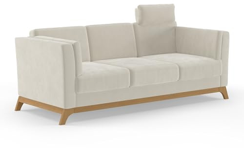 Cavadore 3er-Sofa Vida / 3-Sitzer Couch im trendigen Design mit massivem Holzrahmen in Eiche, Kopfstütze mit Kuschelkissen / 213 x 84 x 93 / Mikrofaser, Naturweiß