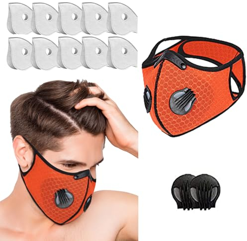 JewelryWe Gesichtsmaske Mundschutz mit Filter Ventil: Orange Mund und Nasenschutz mit 2 Atemventile und 10 Aktivkohlefilter - Verstellbar Wiederverwendbar Waschbar Staubmaske Arbeitsmaske für Outdoor