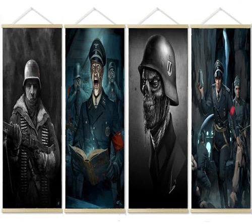 Wandkunst, Motiv: Drittes Reichsoffizier, 2. Weltkrieg, Skelett-Soldat, Militärposter und Drucke, Holzrollenmalerei, Wandbehang, Flagge für Wohnzimmer, Schlafzimmer, Heimdekoration, 30 x 90 cm, 4