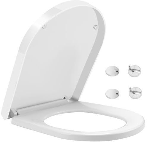 FZENeast Toilettendeckel, D-Form WC Sitz mit Absenkautomatik, Antibakteriell Abnehmbar U-förmig Klodeckel aus Duroplast Toilettensitz mit Verstellbare Scharniere