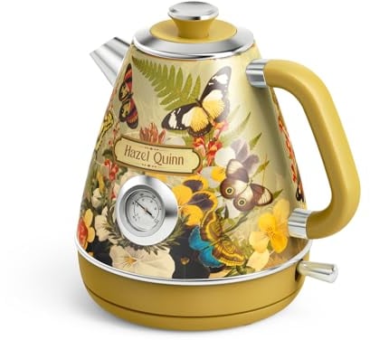 Hazel Quinn Hervidor Eléctrico con Termómetro, 1.7 L Sin Cable de Acero Inoxidable, Libre de BPA, Base 360°, Apagado Automático y Protección contra Hervido Seco, Diseño Retro
