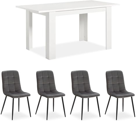 Homestyle4u 2759, Essgruppe mit 4 Stühlen Esszimmertisch ausziehbar Holz weiß 120 x 80 cm Esszimmerstühle Modern Samt