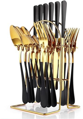 Maxspace Cutlery Set for 6 People, 24-Piece Gold Stainless Steel Flatware Set with Cutlery Holder, Spoon, Forks and Knives, Cutlery Set for Home, Restaurant, Getting Together (Black)