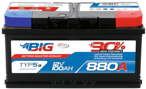 BIG Autobatterie 12V T-Modell +30% mehr Startleistung 100Ah 880A/EN wartungsfreie Bleisäure Starterbatterie ersetzt 88Ah 90Ah 95Ah