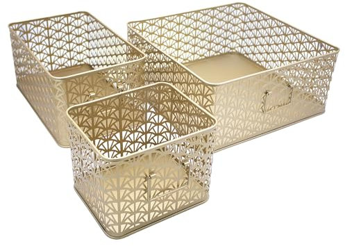 Box and Beyond - Rechteckige Aufbewahrungskörbe aus Metall mit Gittermuster für Küche, Wohnzimmer oder Badezimmer, 3 Stück (Gold)