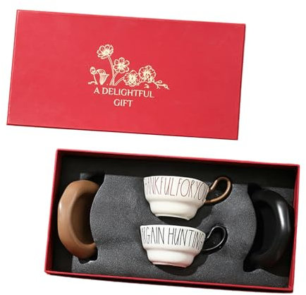 CAPIJIONG Coppia di tazze in ceramica creative e personalizzate, set di tazze per compleanno e matrimonio, 2 tazze e 2 piatti (lettere inglesi) + scatola rossa