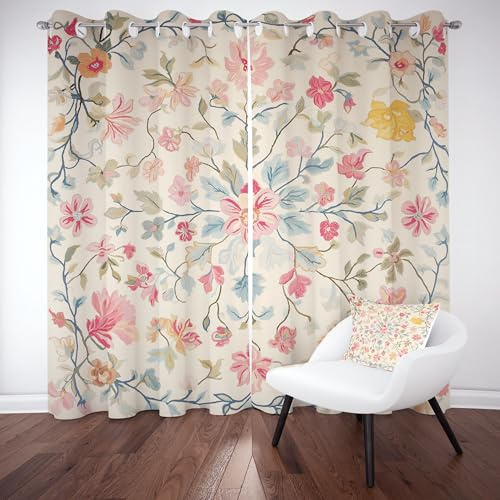 Kioldoq Blumenmuster Pflanzen Verdunklungsvorhänge, Blickdicht Vorhänge Frühling Bunt 2er Set mit Osen 145x140 cm Blüten Botanischer Vorhänge für Schlafzimmer, Thermovorhang Kälteschutz Wohnzimmer