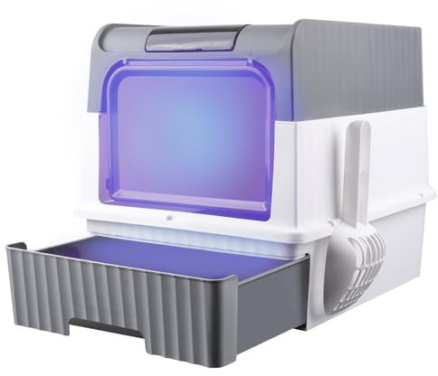 Grand Bac à Litière pour Chat, avec Pelle à Litière Auto-toiletteur Désinfection UV Maison de Toilette Chat,-48 * 35 * 36 cm-Gris
