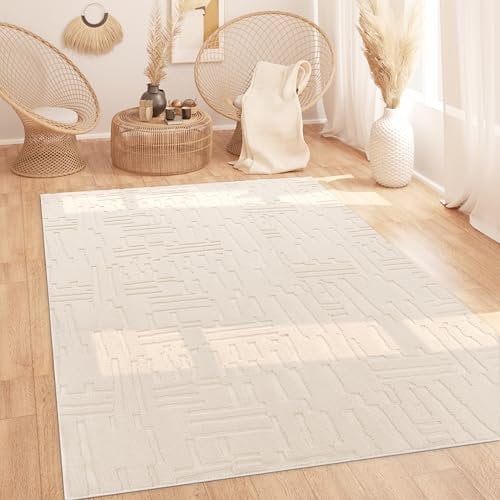 Paco Home Teppich Wohnzimmer Schlafzimmer Hochflor Skandinavisch Boho Optik Geometrisch Abstrakt Einfarbig Waschbar 3D Creme, Grösse:80x150 cm