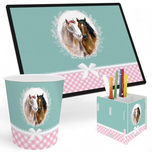 itenga SET Papierkorb Schreibunterlage und Stifteköcher mit Motiv - Papierkorb für Kinder mit Motiv - rund ca. 11 Liter passende Schreibtischunterlage und Schreibtisch Organizer (Motiv Pferde)