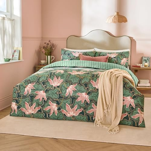 furn. Wylder Luella Duvet Cover Set – Reversible Floral and Stripe Cotton Blend Bedding with Oxford Trim (Juniper Green - Single)