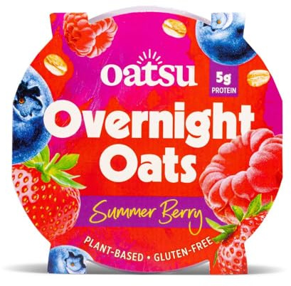 OATSU | Summer Berry Overnight Oats | Ready To Eat Plant-Based Protein-Packed Instant Breakfast Cereal | Low-Sugar, Fibre-Rich | Ready-to-Eat Porridge (8 Pots)