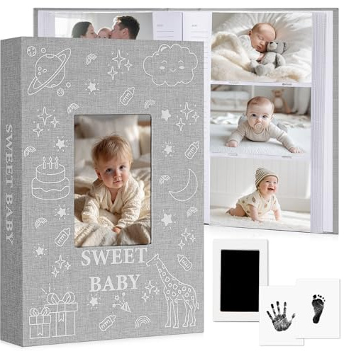 EARLY MINDS Baby-Fotoalbum 10x15 300 Taschen Einsteck-Erinnerungsbuch | mit Memo-Bereich & Hand- und Fußabdruck-Kit, Leinenabdeckung, Frontfenster, säurefrei für Jungen Mädchen