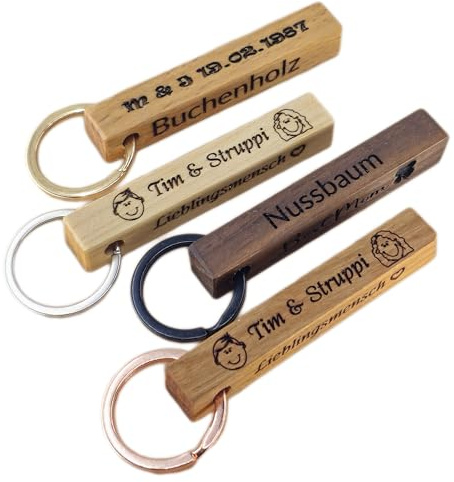Personalisierter Holz-Schlüsselanhänger mit Gravur und Edelstahlring | Handgefertigter Schlüsselanhänger aus Buche, Kirsche, Nussbaum oder Ahorn mit Wunschgravur