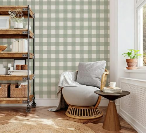 QQLADY Plaid Wallpaper Roll Neutral Green Large Wall Paper for Decoration Bedroom Self-Adhesive Wall Cover