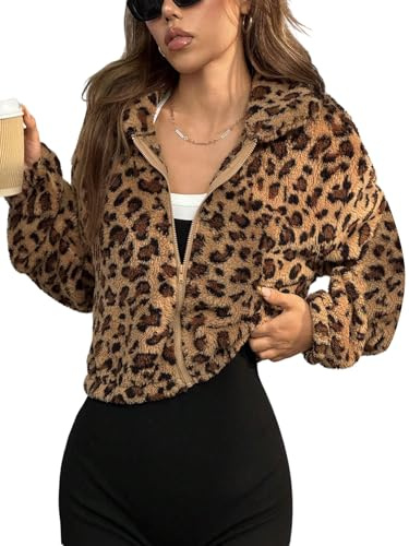 GORGLITTER Leo Jacke Damen Teddyjacke Winter Fleecejacke Mit Leo Print Kuscheljacke Flauschig Kurzjacke Mit Reißverschluss Cropped Teddyfleece Winterjacke