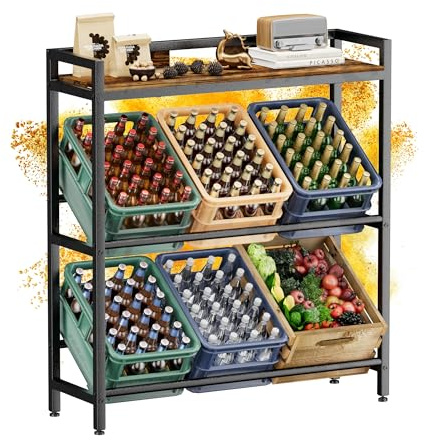 Getränkekistenregal 6 Kisten mit Ablage,33D x 104W x 115H cm Getränkeregal,Stabiler Metall Regal Getränkekisten,Freistehend Bierkisten Regal für Küche Keller Garage,Kistenregal Rustikales Braun