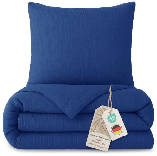 LAYNENBURG Premium Musselin Bettwäsche 155x220 cm + 80x80 cm - Oeko-Tex – 100% Baumwolle – atmungsaktiv & bügelfrei – 3 lagiges Musselin mit Reißverschluss & Haltebändern (blau)