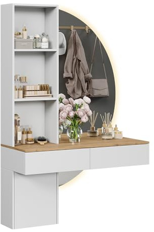 Vicco Schminktisch Melora, Weiß/Eiche, 100 cm | mit LED-Spiegel, zur Aufbewahrung von Kosmetik und Accessoires