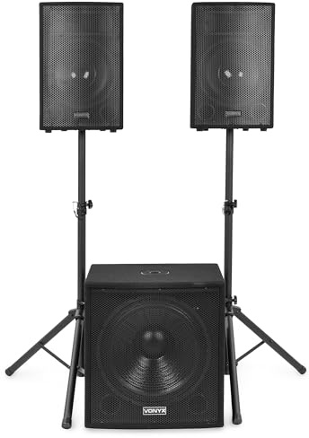 Vonyx VX1218BT - Pack de Sonido con Sub 12 BT + 2 satelites + Soportes | Incluye 2.1 altavoces y subwoofer, soportes incluidos y mando a distancia, para eventos y presentaciones