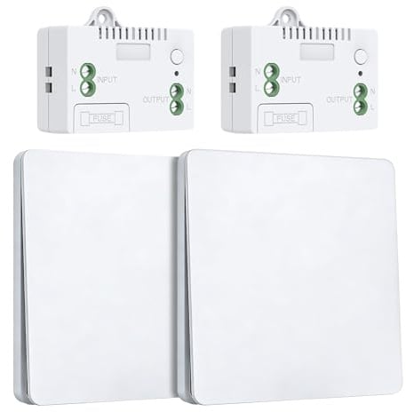 Funk Lichtschalter 230V Set mit Empfänger und Sender,Batterieloser Drahtloser Funk-Wandschalter für Lichter,Kabelloser Lichttaster funkschalter fernbedienung(EU 2Gang 2V2 A)