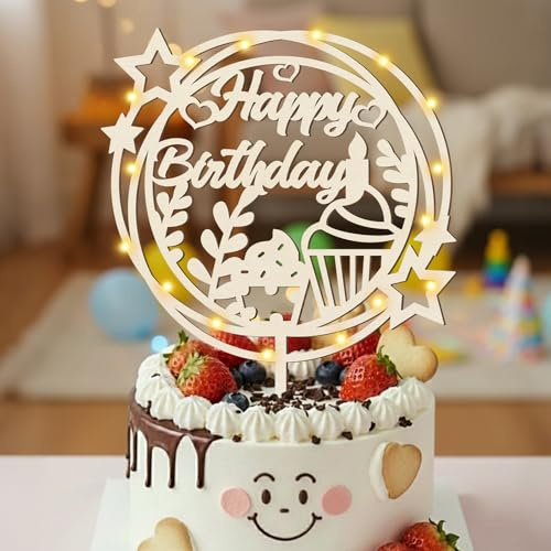 Cake Topper Happy Birthday aus Holz - Tortendeko Geburtstag, Kuchen Deko für Kinder Mädchen Jungen Frauen Männer