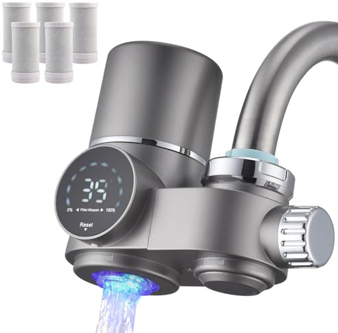 HOMELODY Wasserfilter Wasserhahn mit Blaulicht, 5 Filter Enthalten & Wasserfilter Trinkwasser für Küche, entfernt Chlor, Schwermetalle & Kalk, verbessert den Geschmack, 12x Adapter