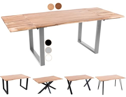 SAM Baumkantentisch 180 (280) x 90 cm Avino, Akazienholz naturfarben & massiv, Esszimmertisch mit 2 Ansteckplatten, Silbernes U-Metallgestell, Esstisch ausziehbar 8-10 Personen