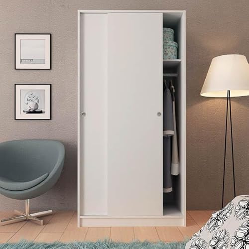 Meyvaser.com Ecommerce Company Armario 2 Puertas Correderas Blanco Liso 180 x 89,6 x 50 cm Barra para Colgar + Estante Superior Ideal Dormitorio y Vestidor Fabricado en España