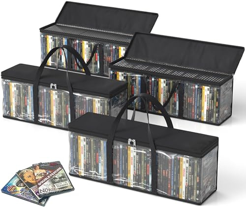 DVD Storage Bags, DVD Storage Boxes with Carrying Handles, Media Organizer Bags for DVDs, CDs, Blu Ray Discs, Movie Cases, VHS Boxes, Video Game Disks, Albums, Books (Black, 4Pack)