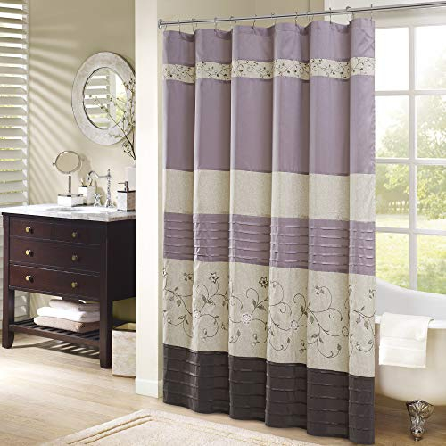 Madison Park Serene Tenda da Doccia in Finta Seta Ricamata Floreale Lavabile in Lavatrice, Decorazione Moderna per Il Bagno, Poliestere, Viola, 72 x 72 in