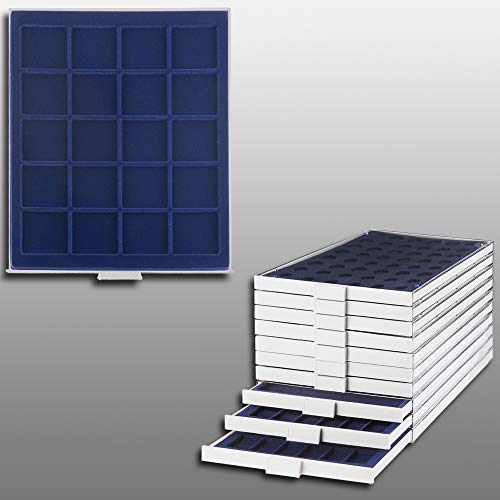 Prophila Collection Münzbox grau 20 eckige Fächer für Münzen oder Medaillen bis 47 mm, Blaue Einlage