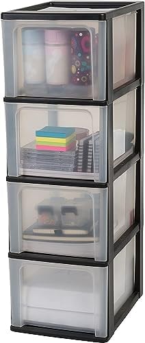 Iris Ohyama, Kunststoff Schubladenbox mit 4 tiefen Schubladen, Schwarz, Easy-Pull-System, A4, A5 & A6 Format, Schreibtisch Organizer für Büro, Schule, Schreibwaren, BPA-frei, Schubladenschrank,