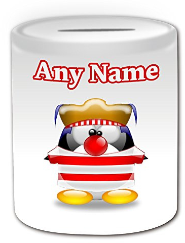 Clown-Spardose (Pinguin im Kostüm-Design, Weiß) – jeder Name Nachricht auf Ihrem einzigartigen – Sparschwein – Charakter albern, lustig, Kawaii, Cartoon, Anime, Animation, Kunst, Clipart, Zeichnen,