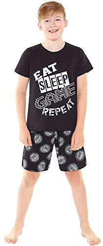 Boys Teens Gaming Gamer Football Short Pyjamas Set Nightwear Sleepwear UK Seller - Black/Grey - 9/10 Years