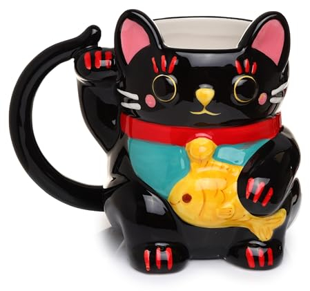 Puckator Schwarze Maneki Neko Glückskatze geformte Tasse aus Dolomit-Keramik